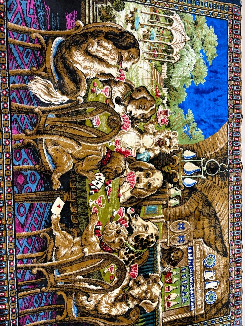Decorative Dogs Playing Cards Wall Tapestry - Blue & Brown vintage